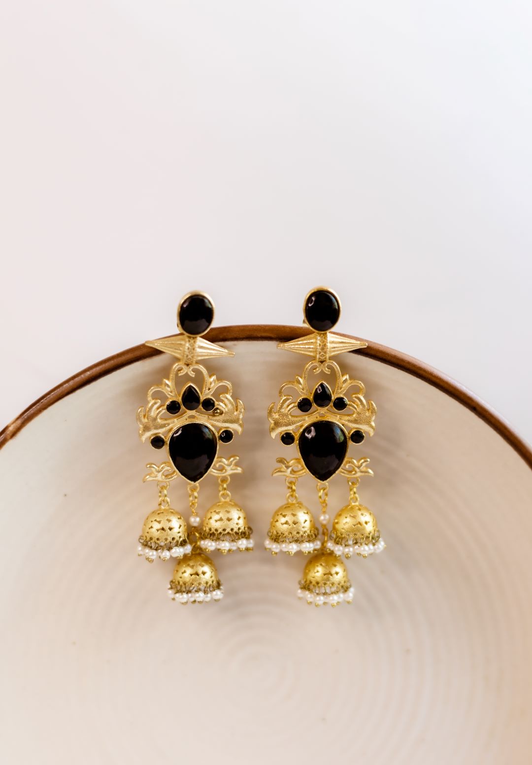 Gold Finish statement Black Bullet Stud Chandlier Jhumkas
