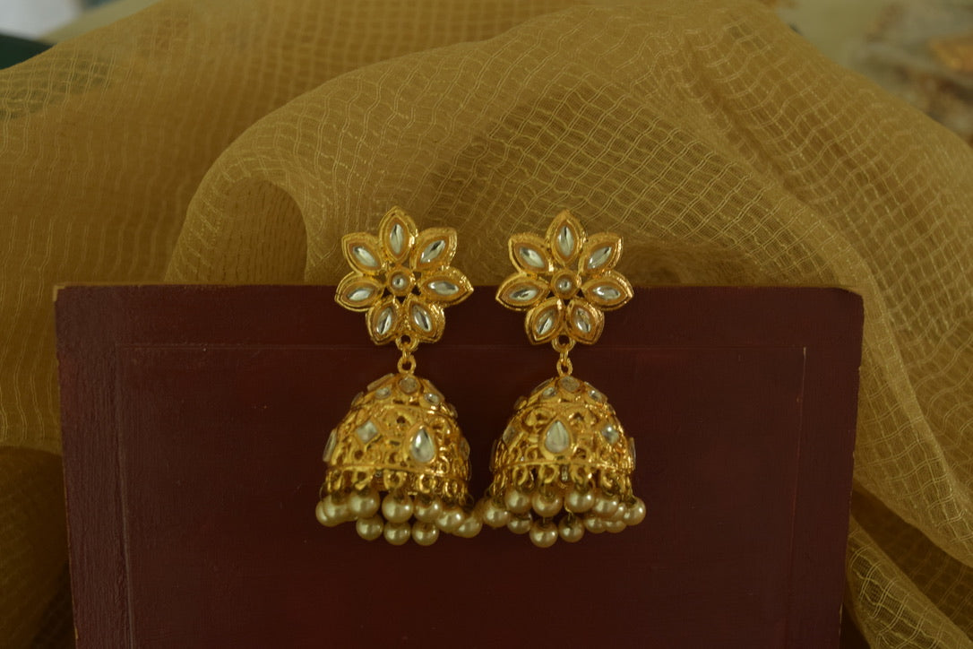Kundan Jhumka - Medium Size- Petal Flower Stud