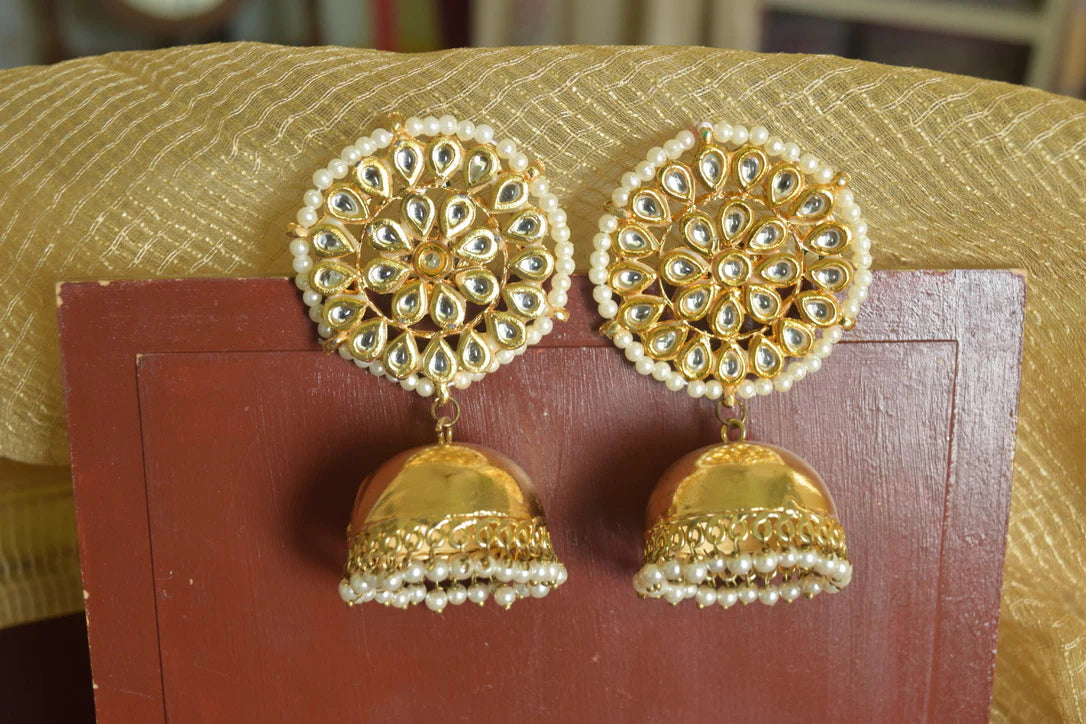 Gold Finish Kundan statement round stud jhumka