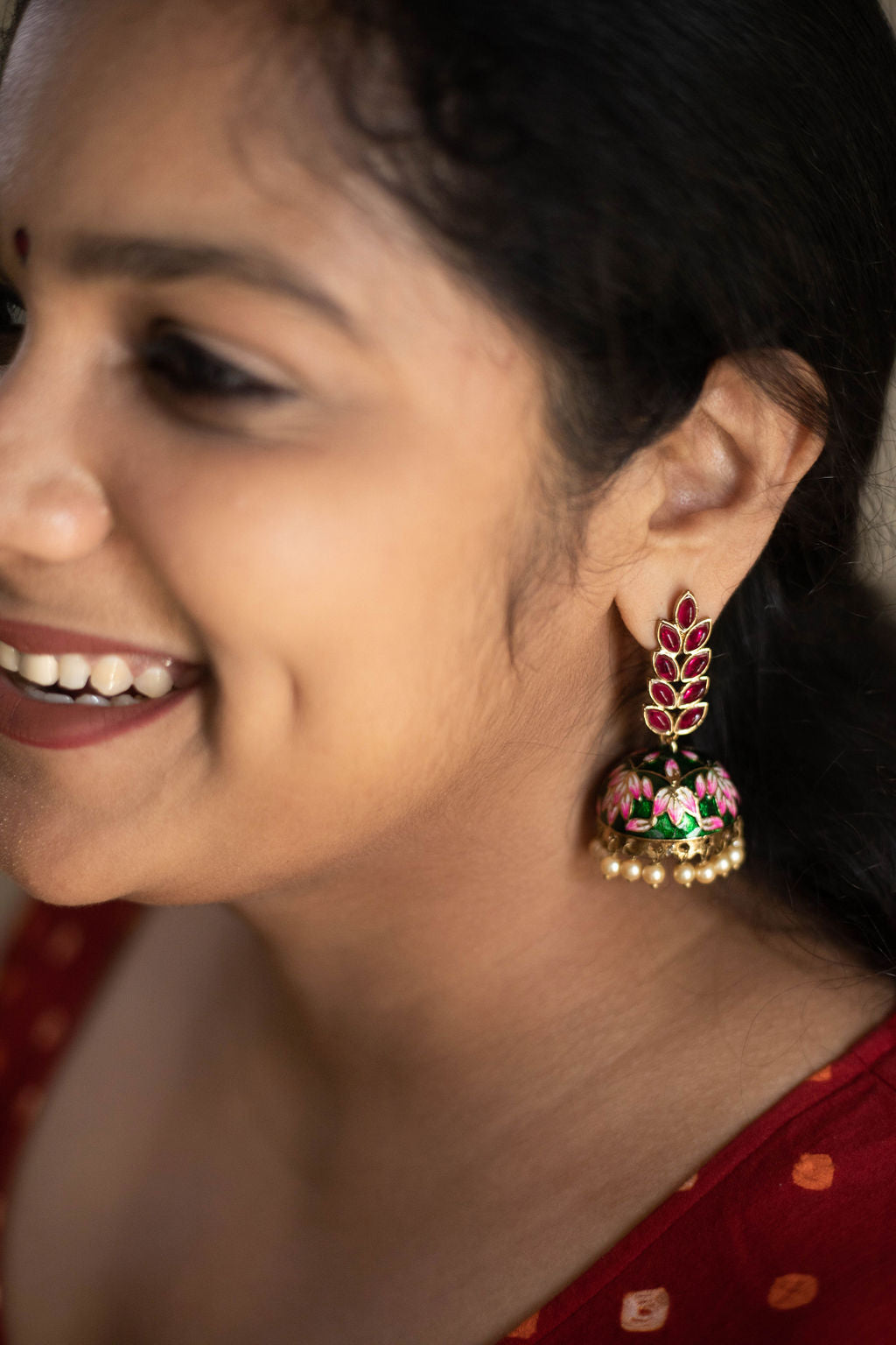 Gold Finish kundan pink leaf stud with green enamel jhumka