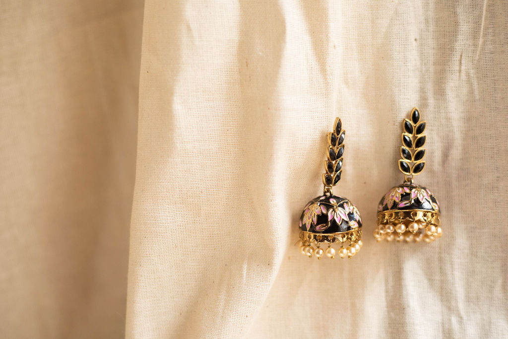 Gold Finish kundan black leaf stud with enamel jhumka