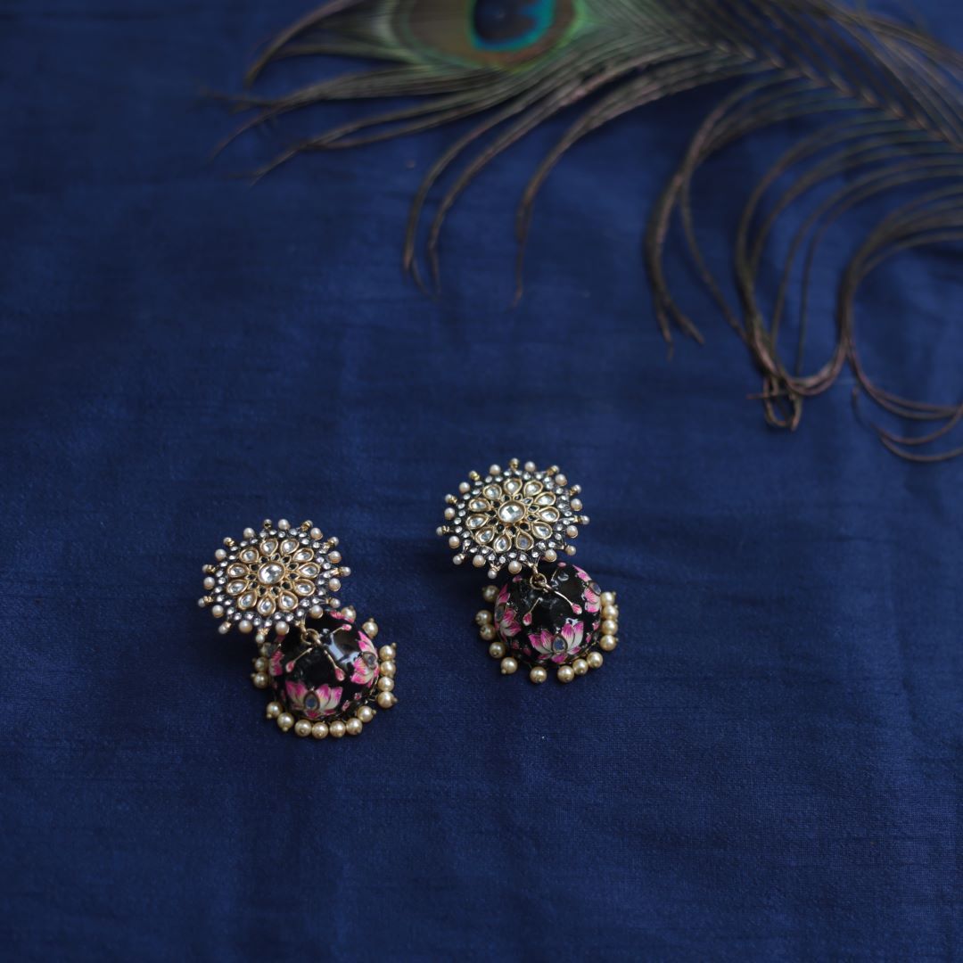 Gold Finish kundan Black flower stud with enamel jhumka