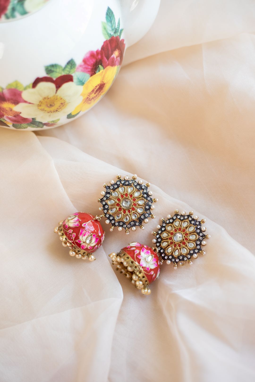 Gold Finish kundan Red flower stud with enamel jhumka