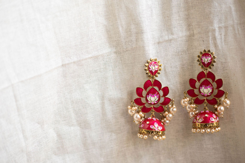 Gold Finish enamel statement pink Lotus stud with enamel Lotus jhumka (Pooja Model1)
