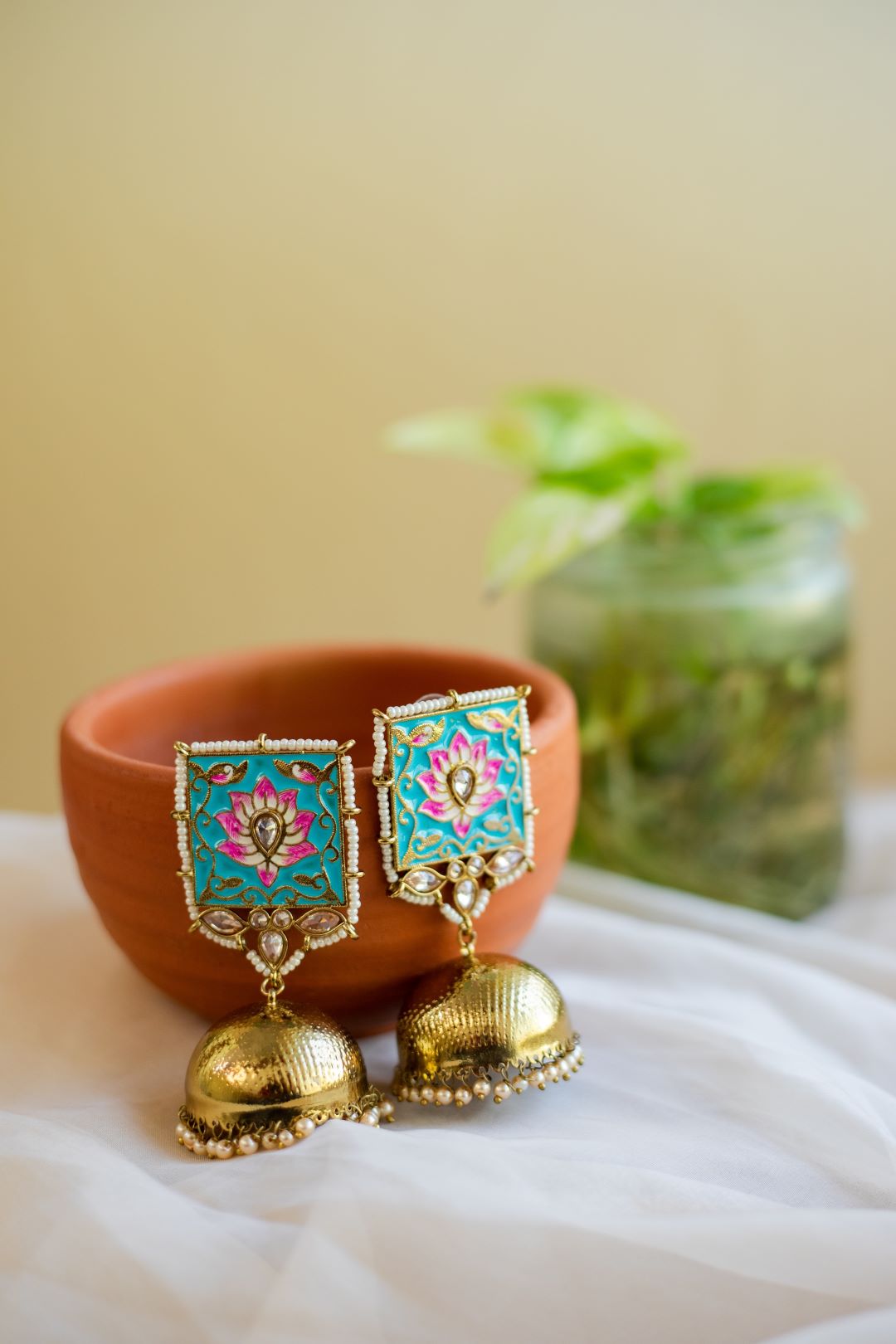 Gold Finish sea blue Carving square stud with jhumka