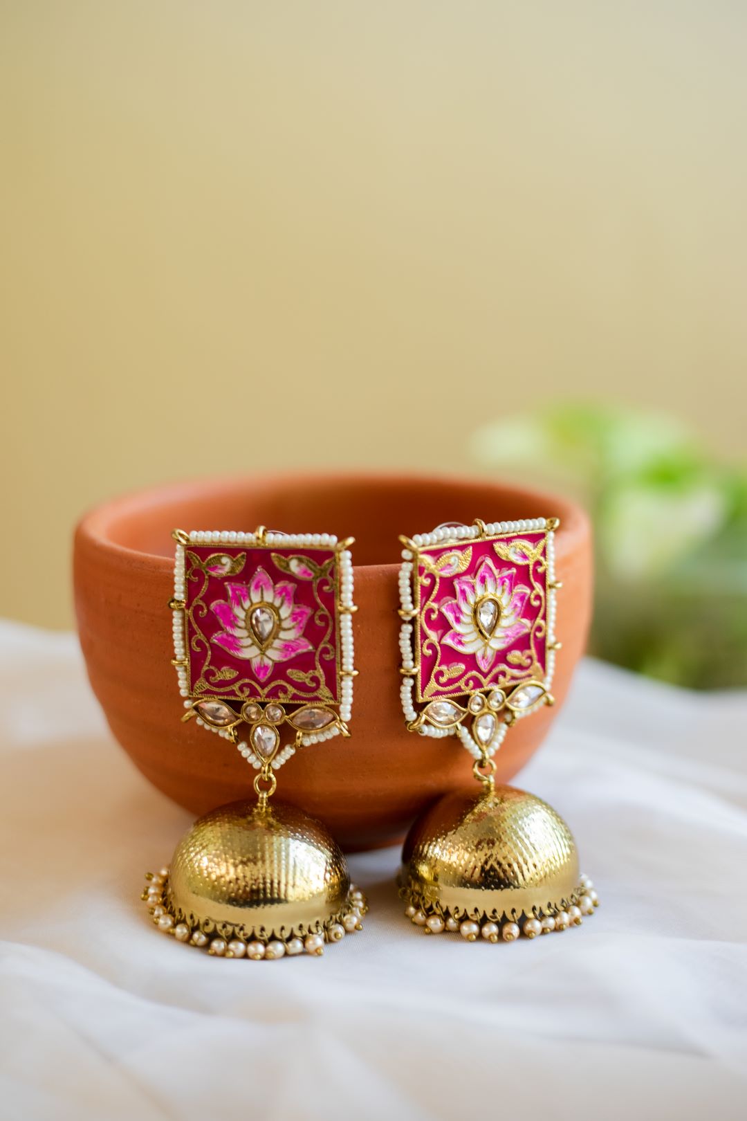Gold Finish pink Carving square stud with jhumka