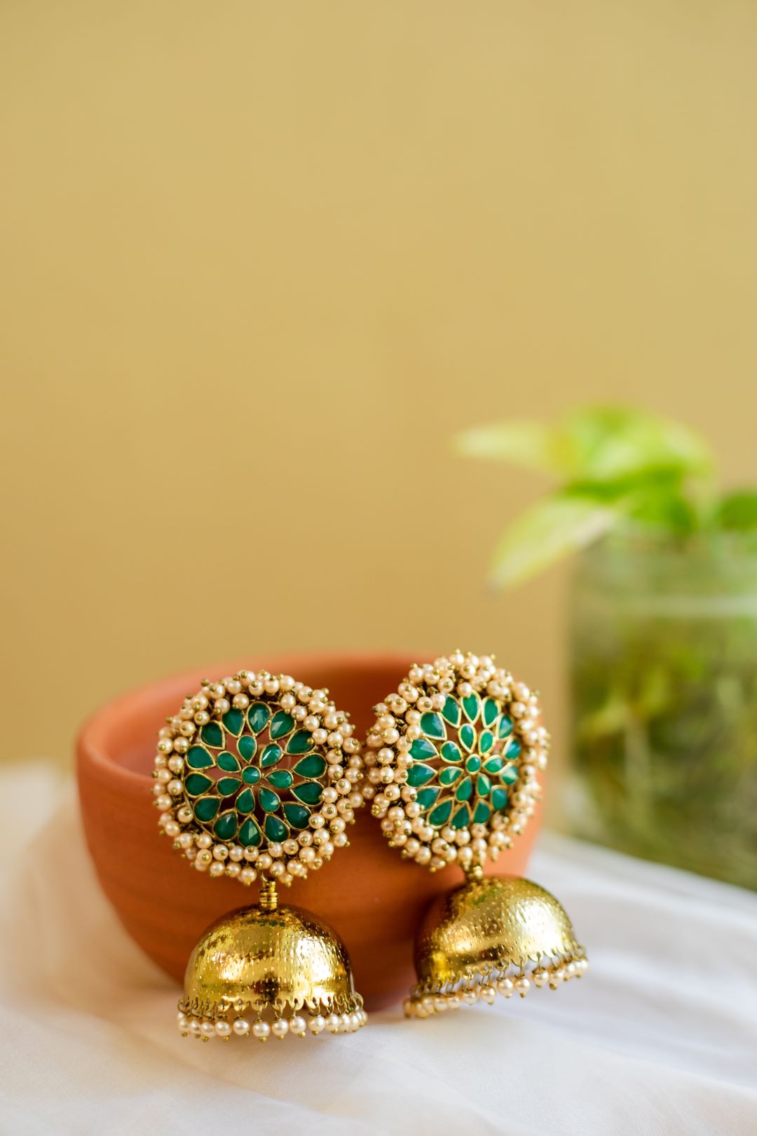 Statement Cluster pearl Green stud with jhumka (Jumbo Size)