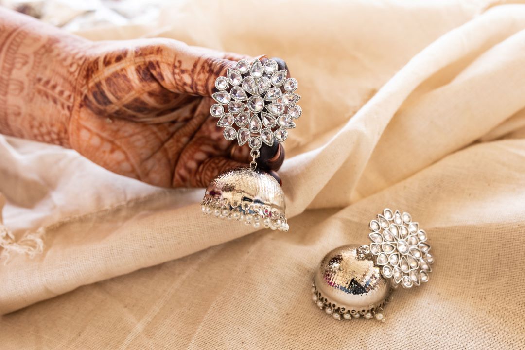 Rhodium Silver finish kundan flower statement jhumkas