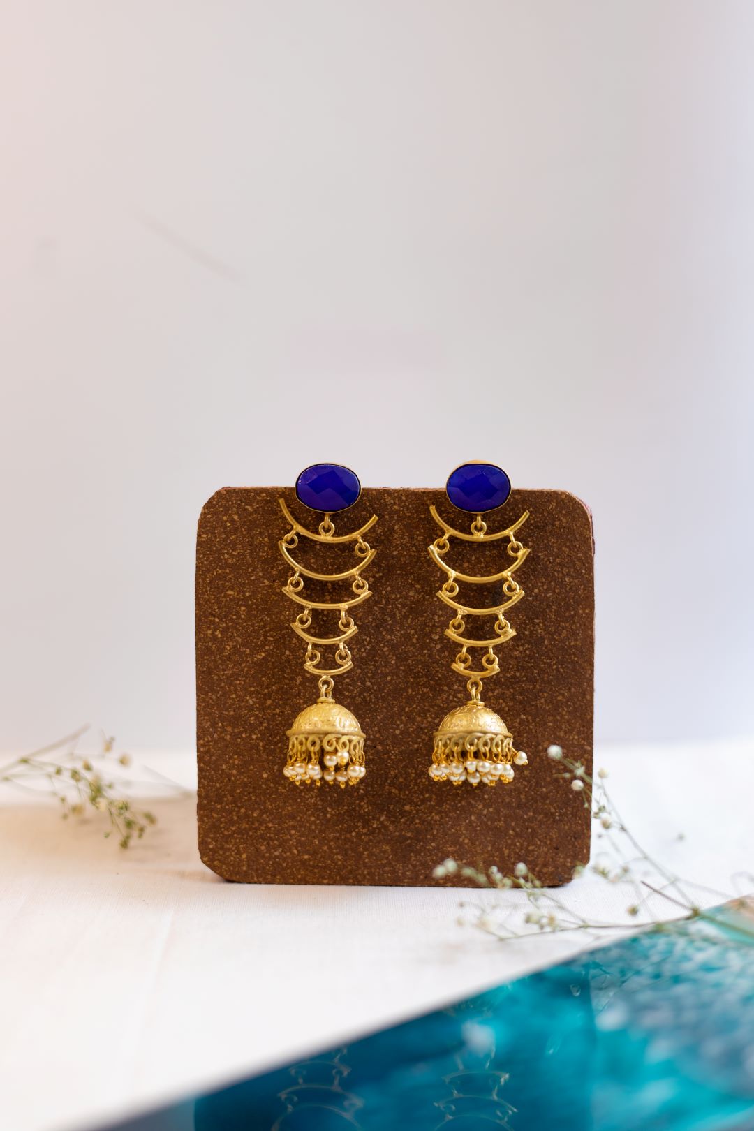 Matte Finish Royal blue crystal stud with long jhumka