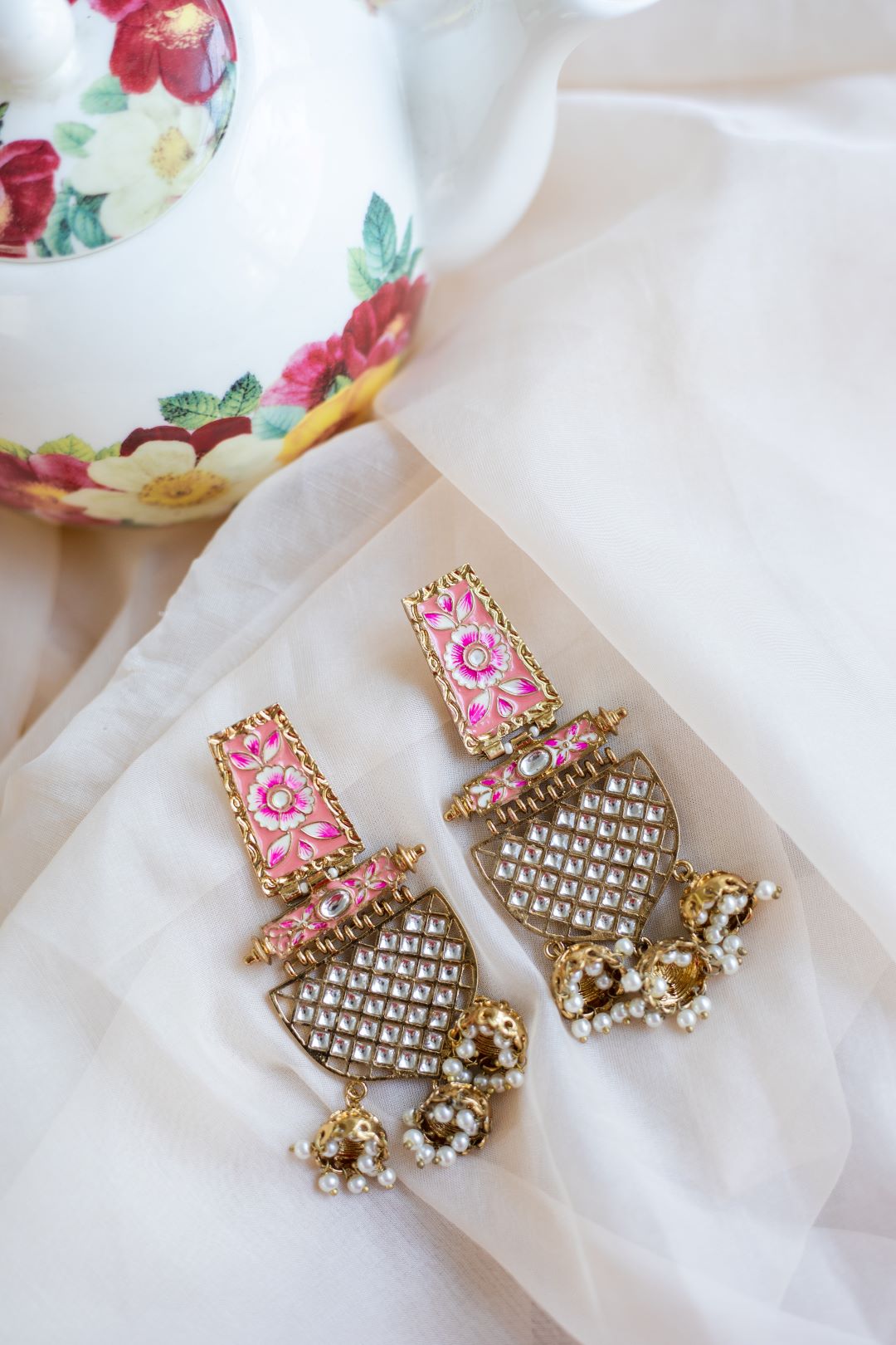 Gold Finish Light Pink Rectangle enamel statement chandelier jhumka with kundan stones