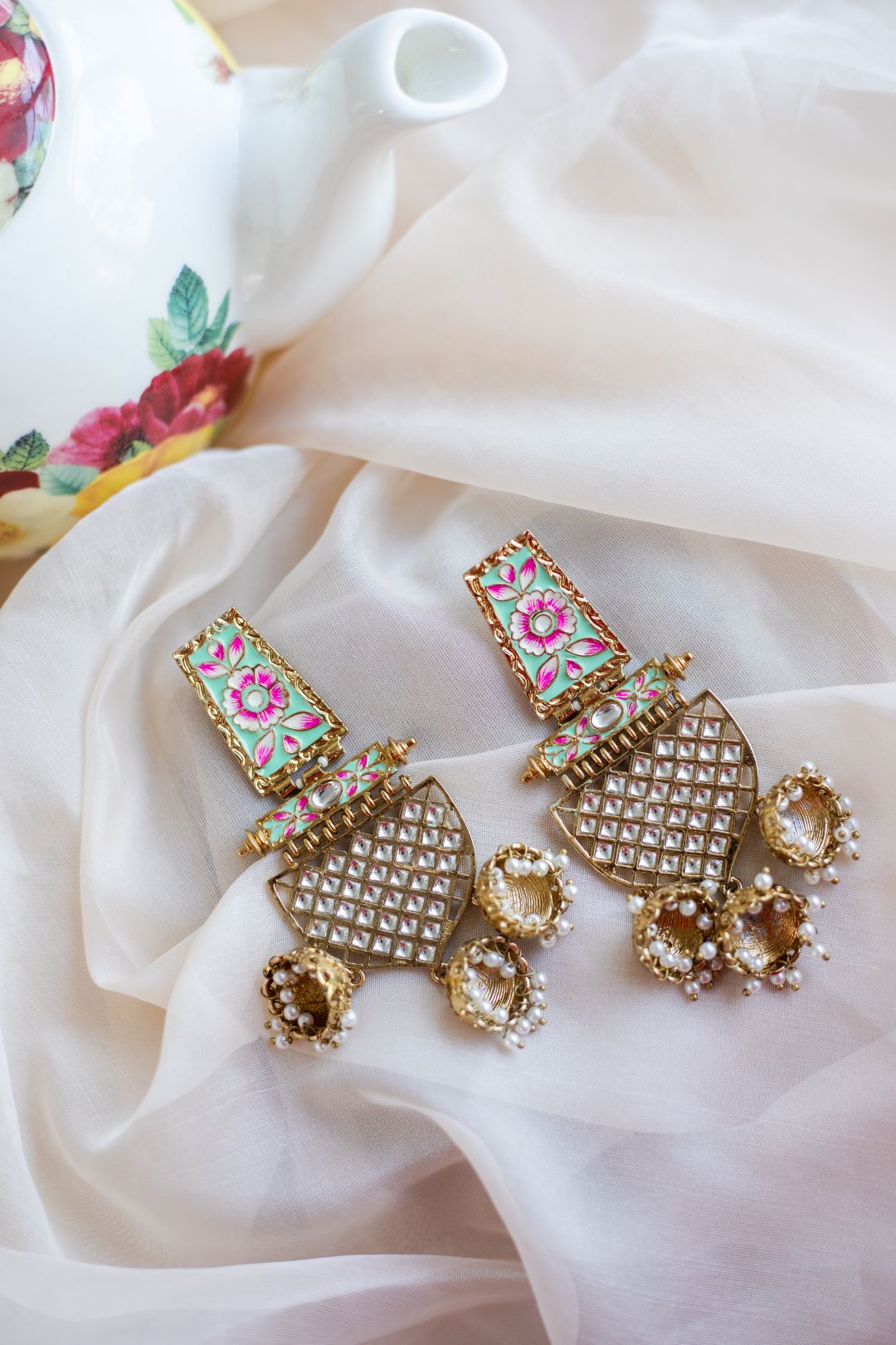 Gold Finish Pista Green square enamel statement chandelier jhumka with kundan stones
