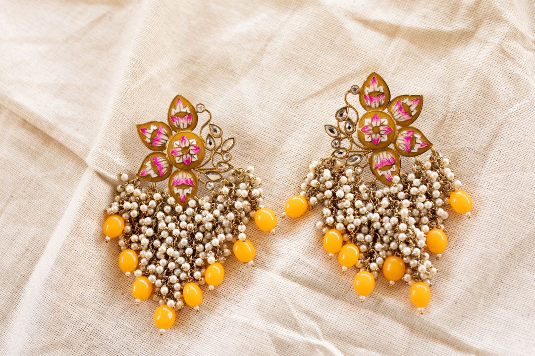 Gold Finish enamel Lotus stud pearl cluster hangings - yellow