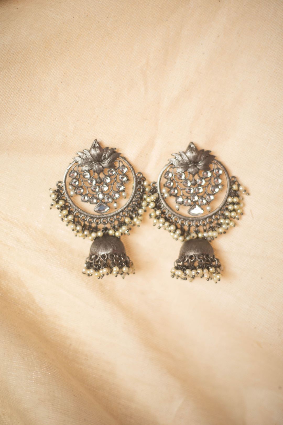 German Silver finish kundan Lotus Stud statement jhumkas without maatal