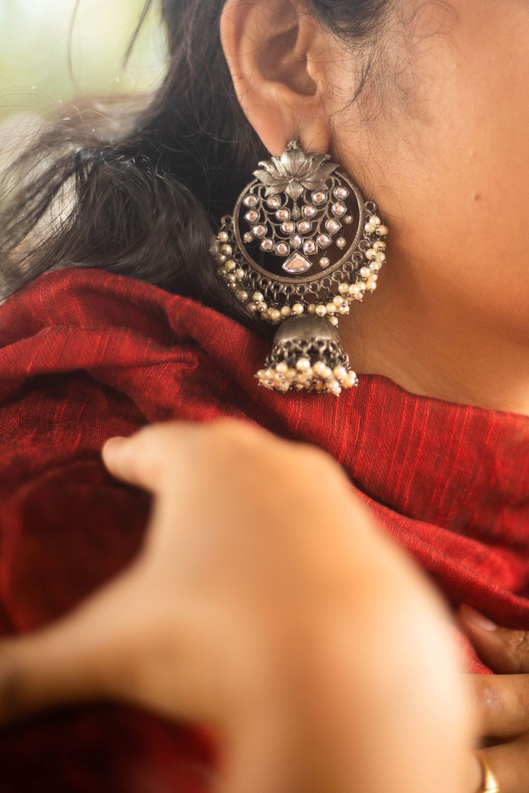 German Silver finish kundan Lotus Stud statement jhumkas without maatal