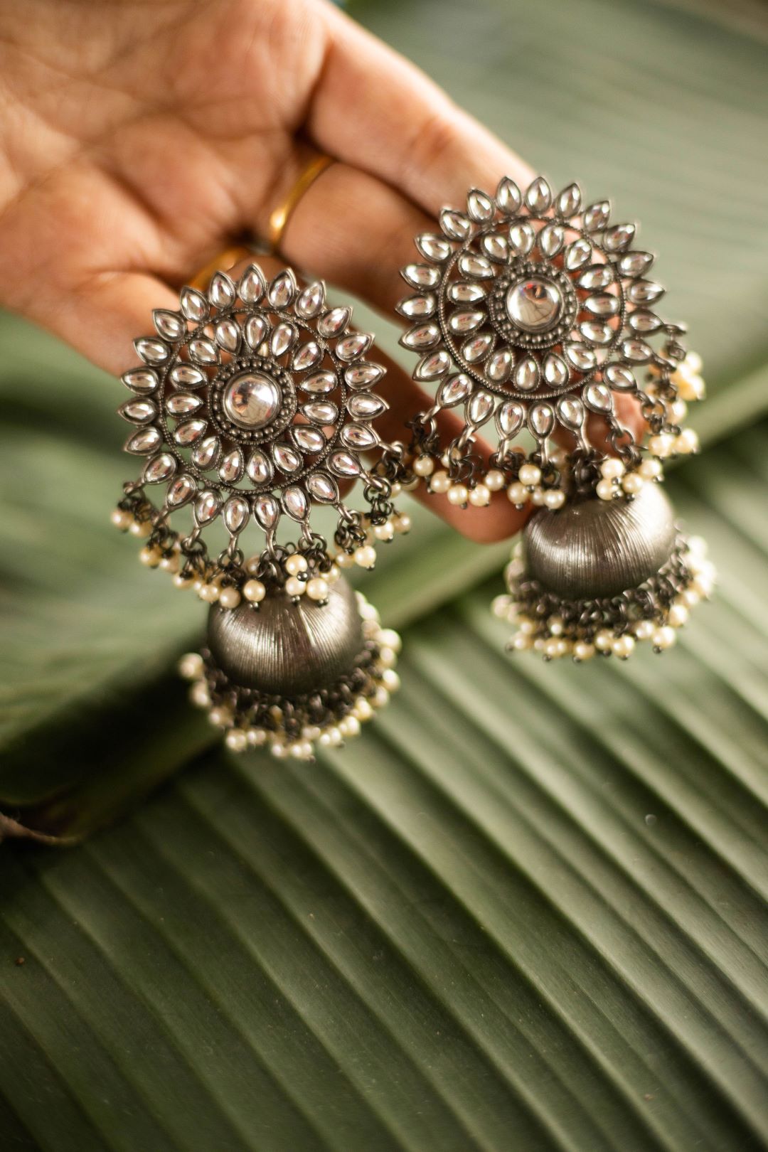 German Silver finish round chakri flower stud Jhumka