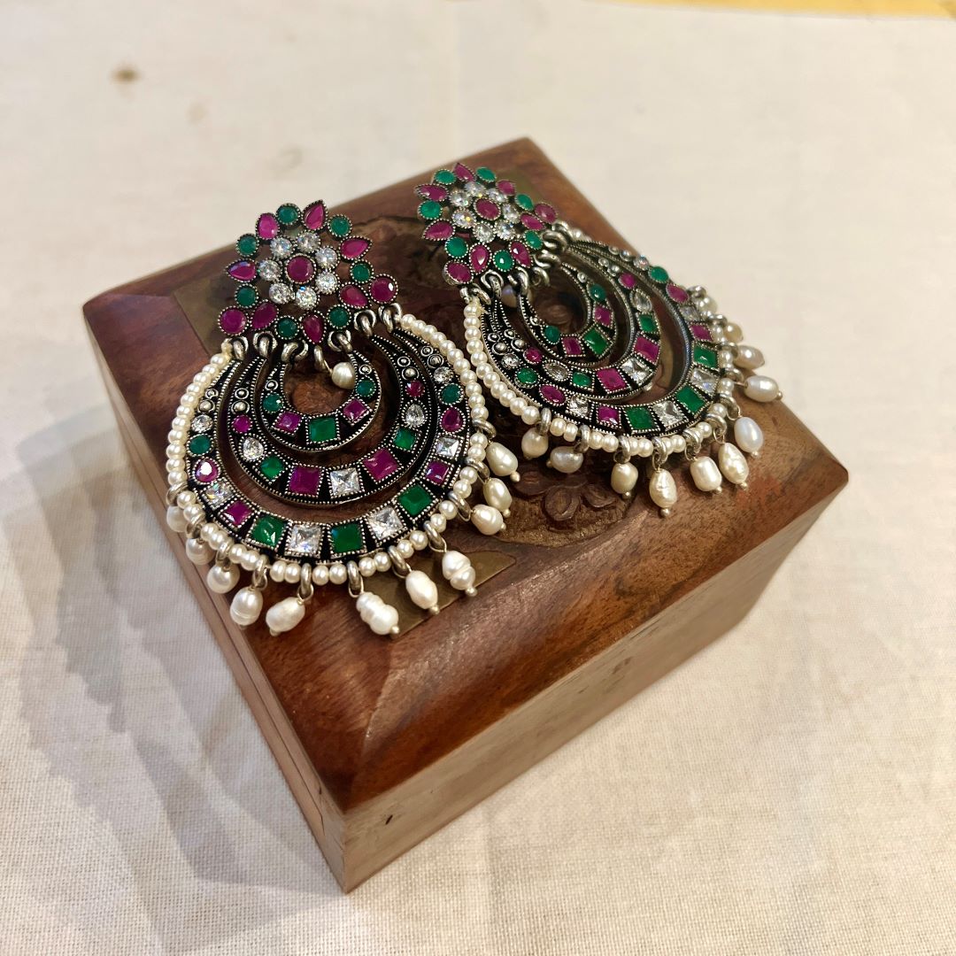 German silver Finish Flower stud chandbali