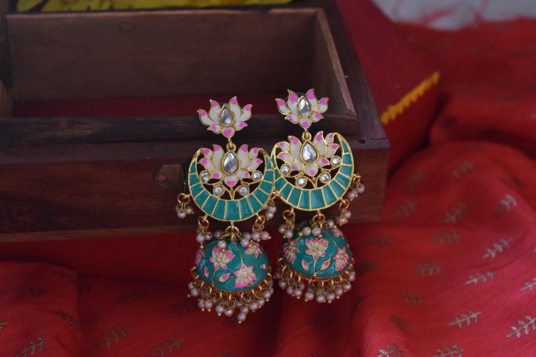 Handpainted Ramar Green with Pink Enamel Lotus Jhumka