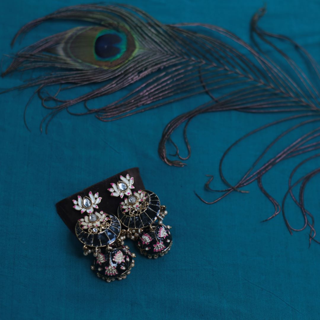 Handpainted Black Enamel Lotus Jhumka