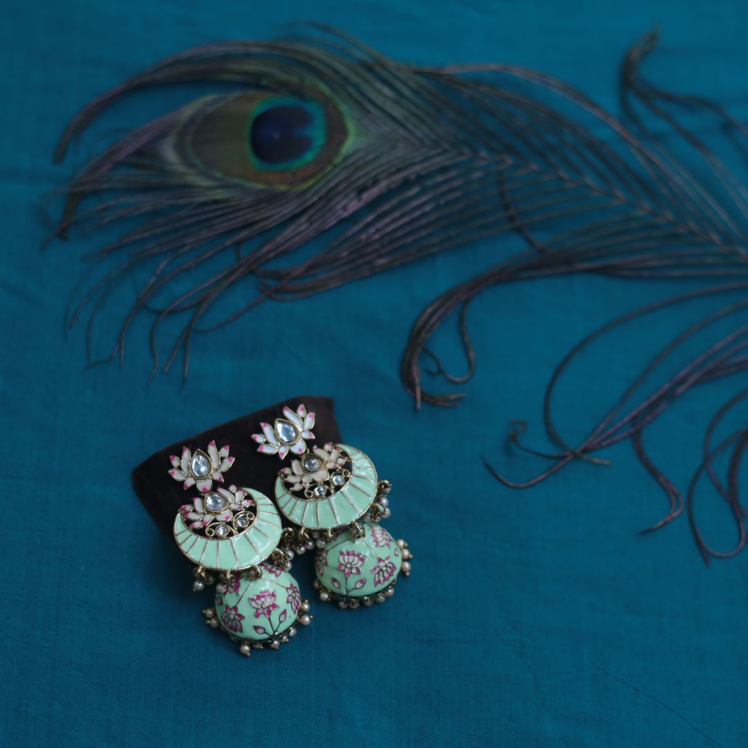 Handpainted Pastel Green Enamel Lotus Jhumka