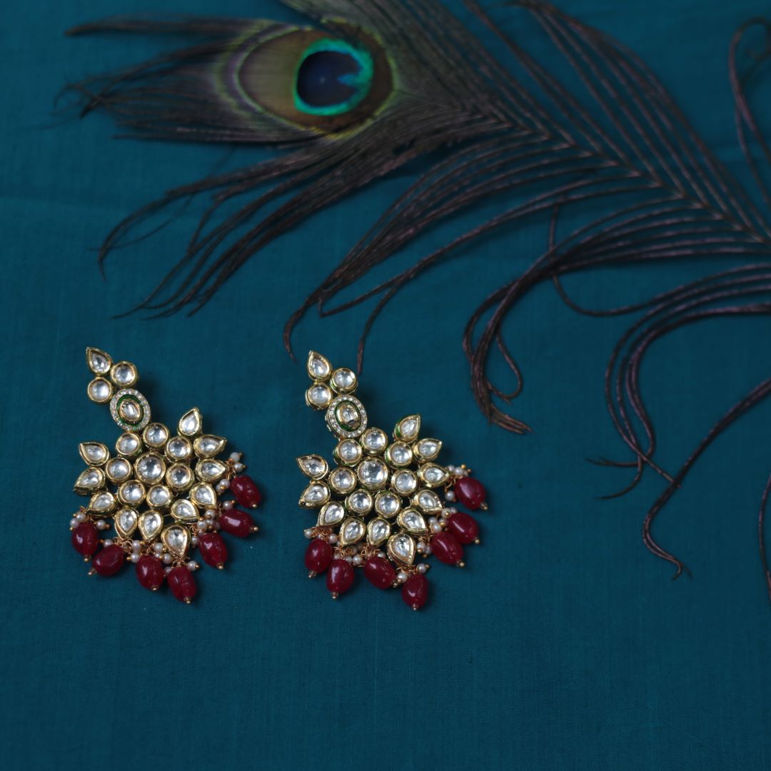 Kundan Statement Earrings with Oval Maroon Beads