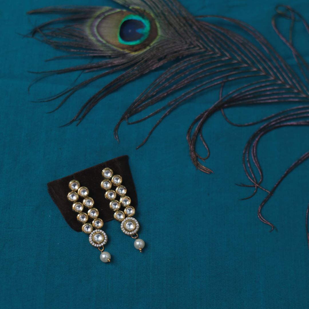 Round Stud Long Kundan with Round White Kundan Droppings