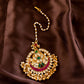 Jadau Stone Statement Tikka with pearl & gold hangings & Single Layer - White, Green Red