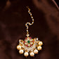 Jadau Stone half moon Tikka With big pearl hangings & Single Layer - White, Green Red