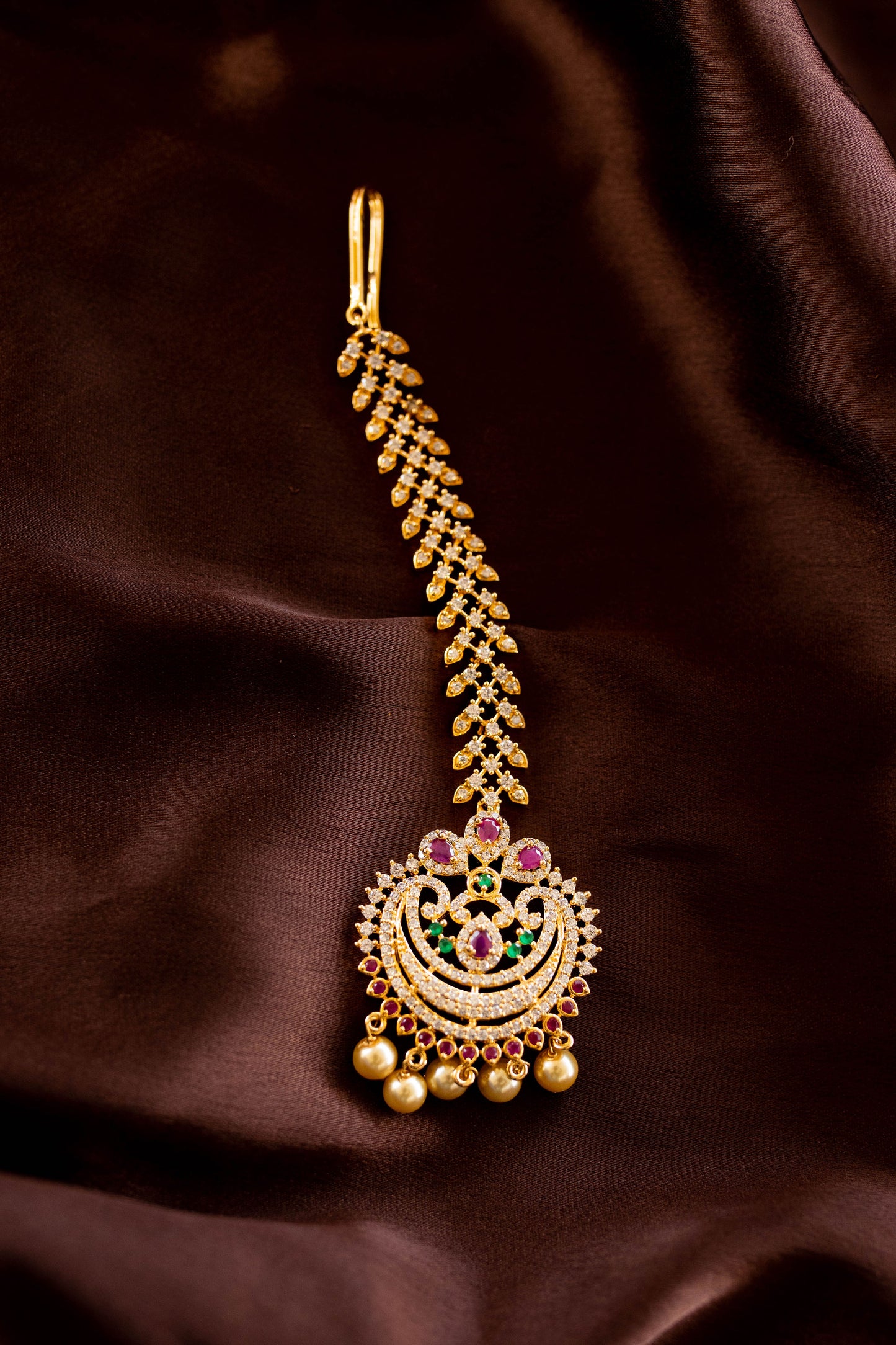 Gold Finish Tikka Half moon flower with rain drops Pendant -Ruby & Emerald