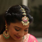 Jadau Stone half moon Tikka With Green stone big pearl hangings & Single Layer - White, Green Red