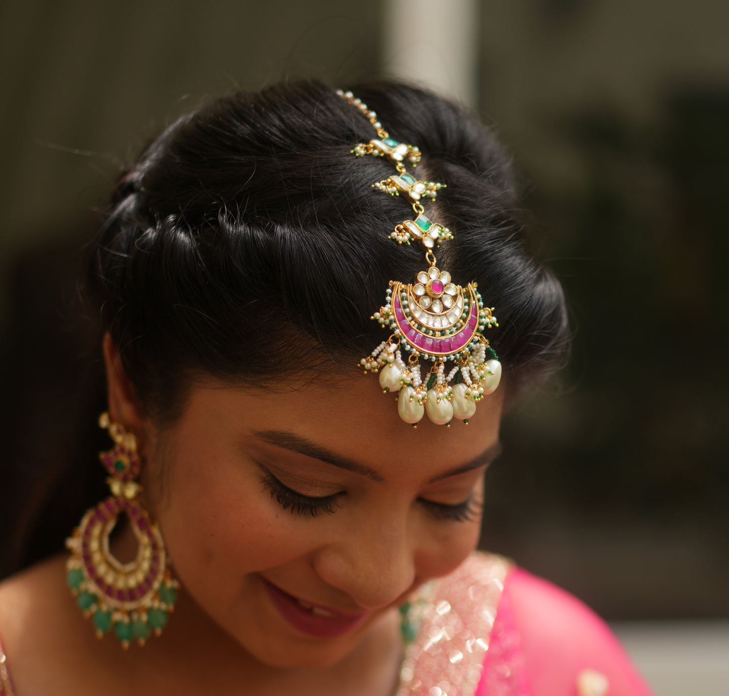 Jadau Stone half moon Tikka With Green stone big pearl hangings & Single Layer - White, Green Red
