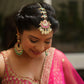 Jadau Stone half moon Tikka With Green stone big pearl hangings & Single Layer - White, Green Red