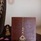 Jadau Stone Triangle Red Stone Tikka With Tear drop green stone & Pastel hangings & Single Layer - White, Green Red