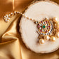 Jadau Stone half moon Tikka With big pearl hangings & Single Layer - White, Green Red