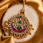 Jadau Stone Statement Tikka with pearl & gold hangings & Single Layer - White, Green Red