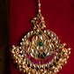 Jadau Stone Statement Tikka with pearl & gold hangings & Single Layer - White, Green Red