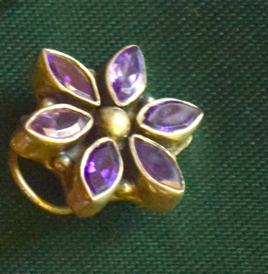 Silver finish large nose pin  -  TEAR drop flower - lavender(Pierced)