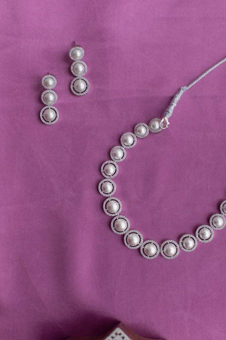 Silver Finish AD & Pearl necklace