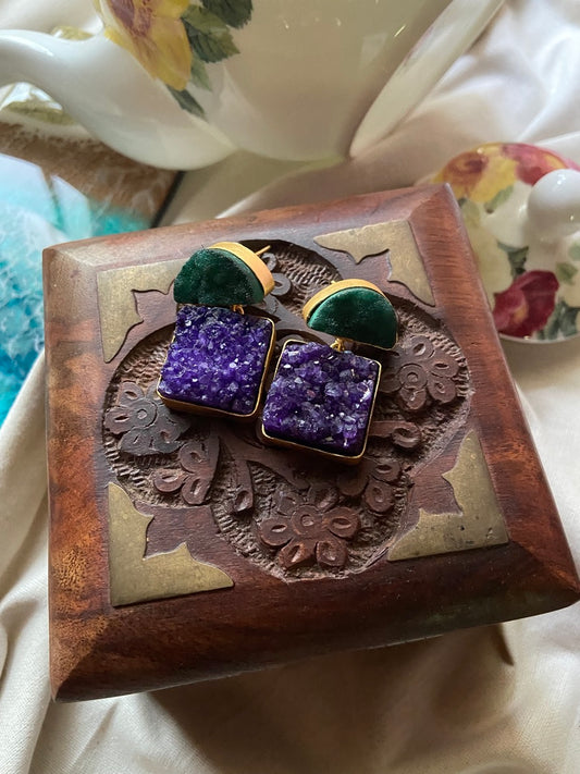 Semi circle stud square earrings - Green & Violet