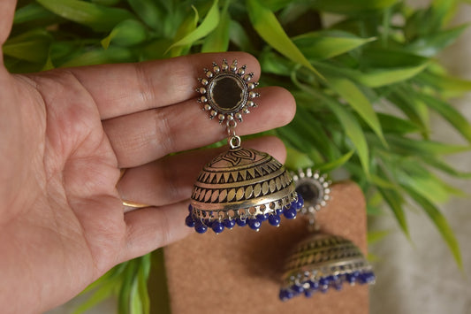 Oxidised Mirror Stud  Jhumka- Blue 1(A)
