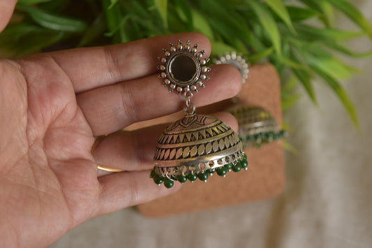 Oxidised Mirror Stud  Jhumka- Green 1(B)