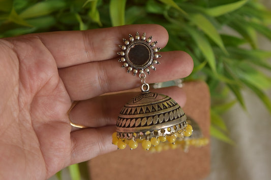 Oxidised Mirror Stud  Jhumka- Yellow 1(C)