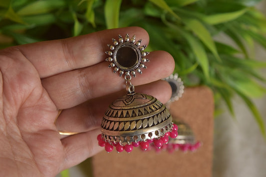 Oxidised Mirror Stud  Jhumka- Pink 1(D)