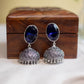 Oxidised Oval Stone Stud Jhumka- Sapphire Blue - 2(A)