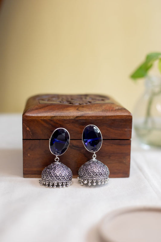 Oxidised Oval Stone Stud Jhumka- Sapphire Blue - 2(A)