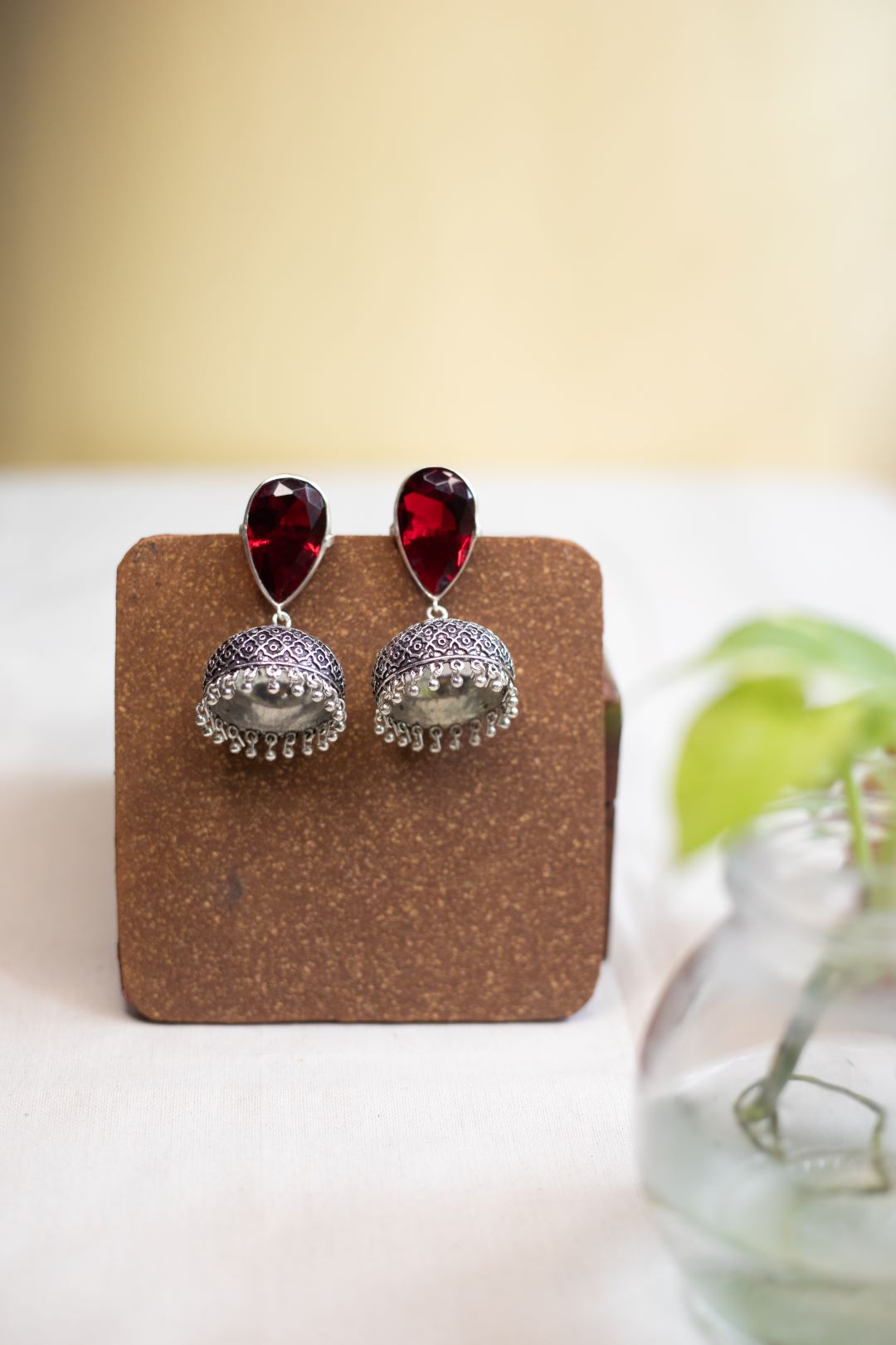 German Silver Stone Jhumka- Tear drop stud with big  jhumka