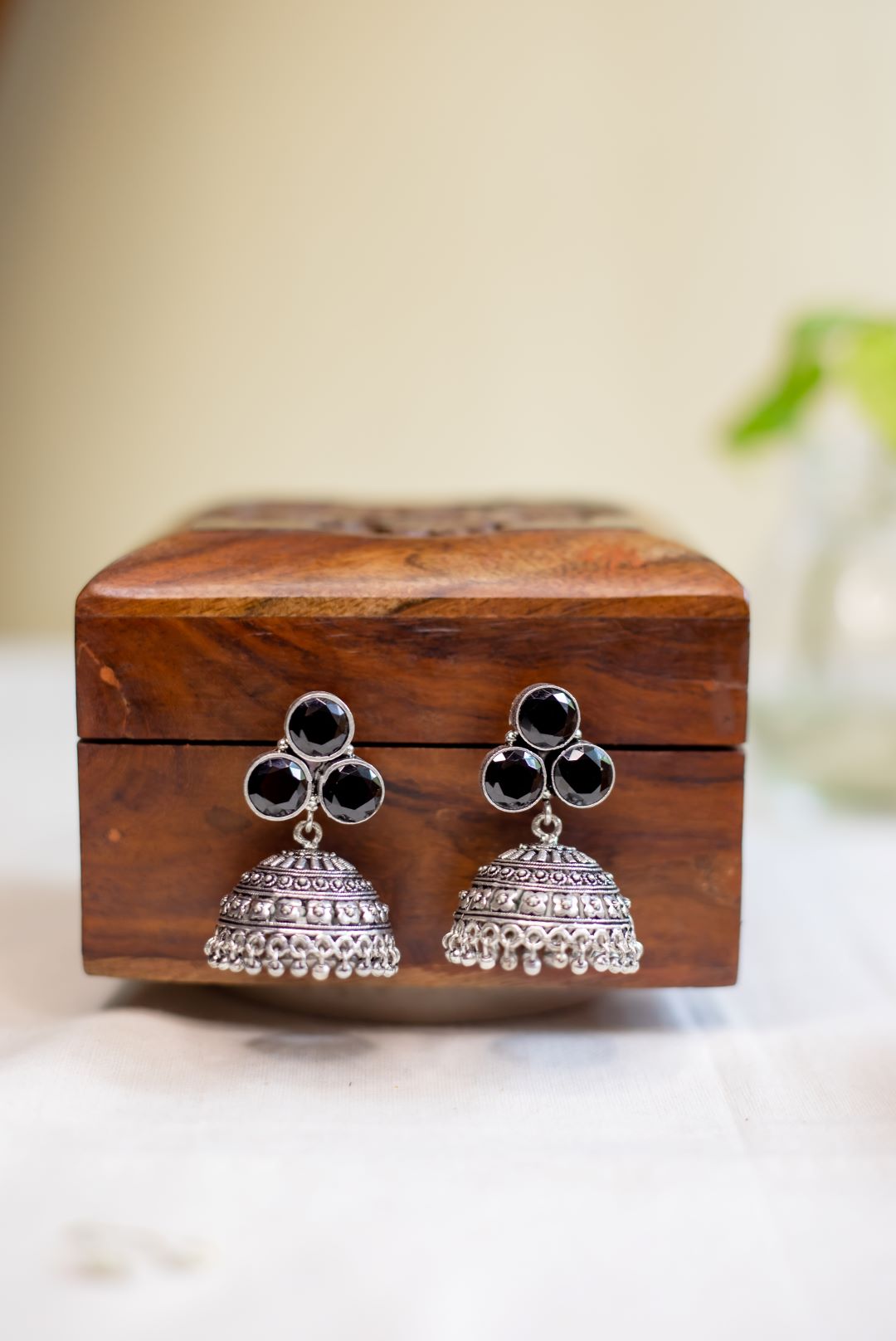 German Silver Stone Jhumka Tri Round Stud with medium jhumka-5(C)