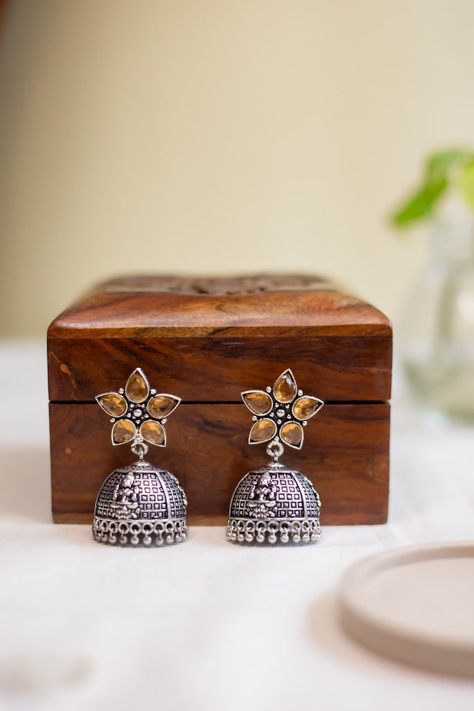 Oxidised Flower Stud Stone Jhumka - Golden 11(B)