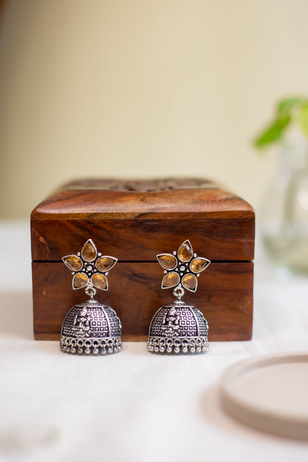 German Silver Stone Jhumka- Flower stud with big  jhumka