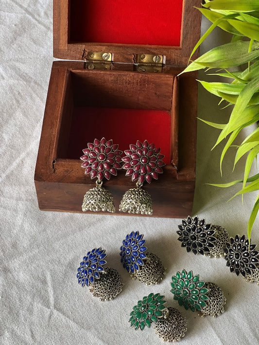 Oxidised Flower Stud Small  Jhumka - Maroon 12(D)