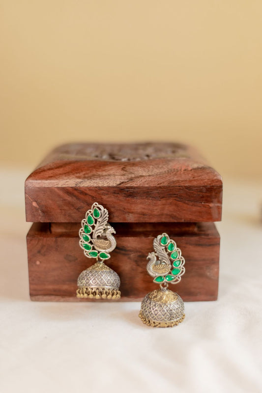 Dual Tone Peacock Stud Jhumka- Green 13A